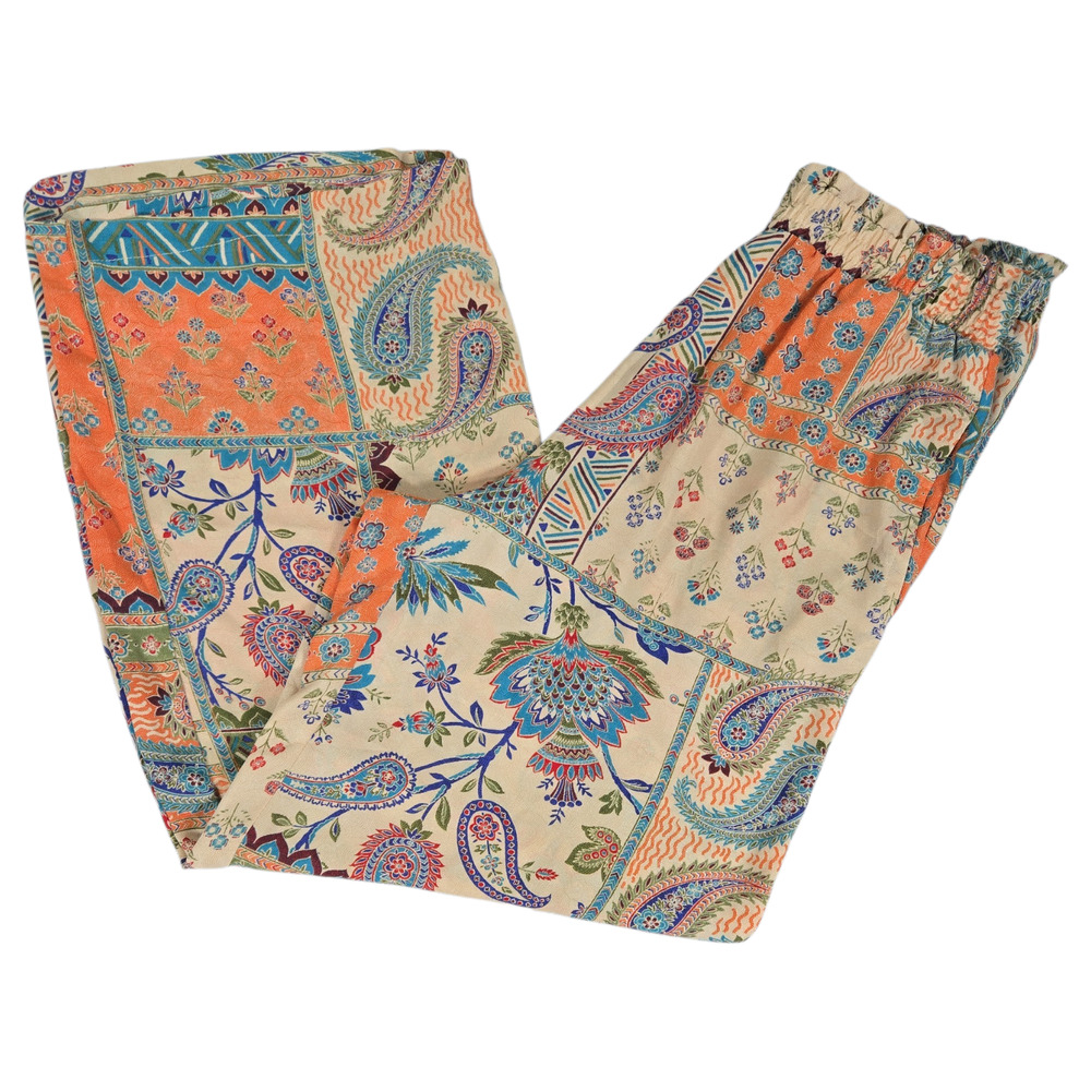 Rose Olivia Medium Orange Patchwork Paisley Flowy Semi-Sheer Pants Boho Hippie